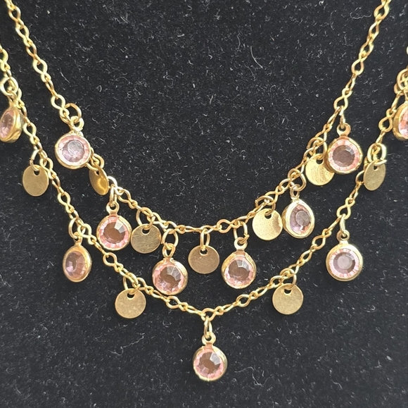 Double Strand Gold Necklace With Pink Stones - Picture 4 of 8